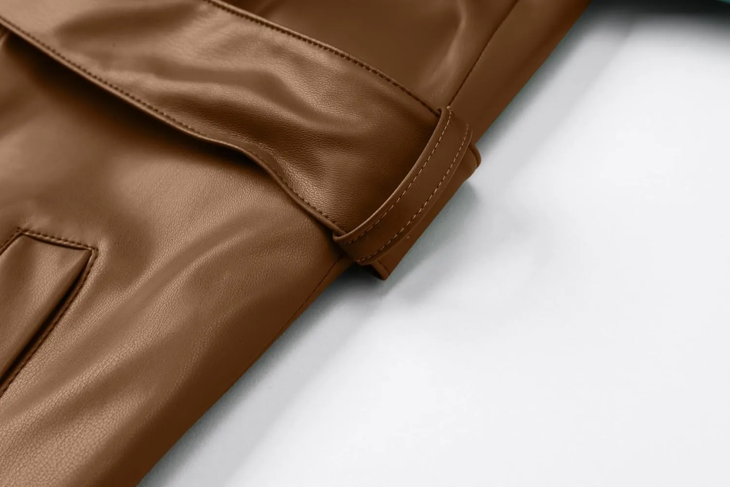Betusline Womens Faux Leather Jacket Casual Lapel Long PU Trench Coat Outerwear with Belt