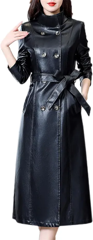 Betusline Womens Faux Leather Jacket Casual Lapel Long PU Trench Coat Outerwear with Belt
