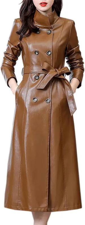 Betusline Womens Faux Leather Jacket Casual Lapel Long PU Trench Coat Outerwear with Belt