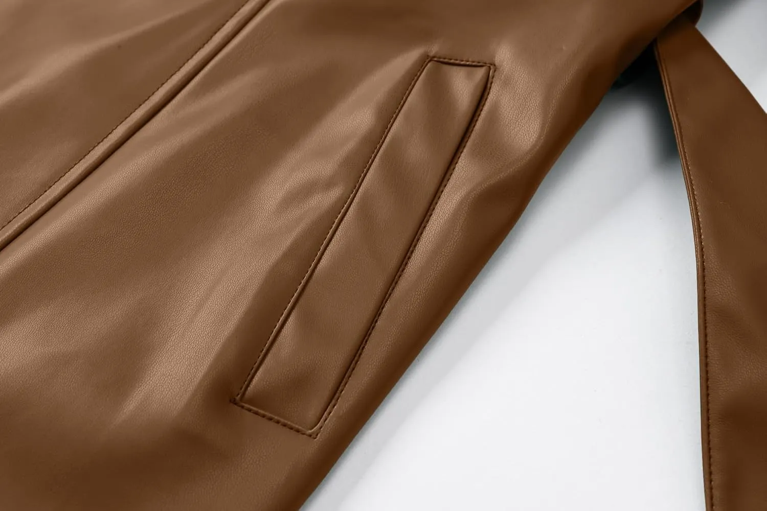 Betusline Womens Faux Leather Jacket Casual Lapel Long PU Trench Coat Outerwear with Belt