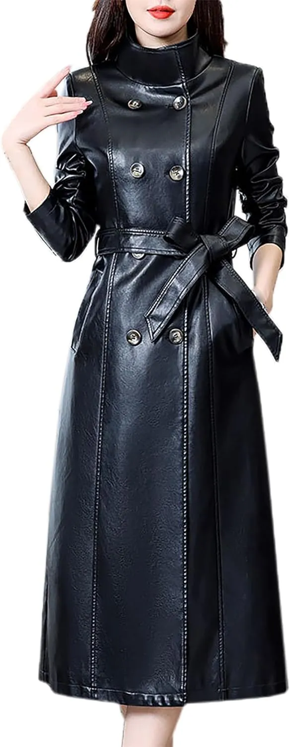 Betusline Womens Faux Leather Jacket Casual Lapel Long PU Trench Coat Outerwear with Belt
