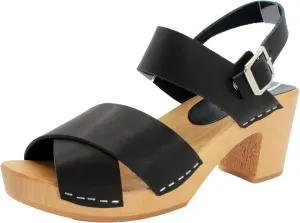 Bjork Women's Mid-Heel Wooden Leather Clog Sandals