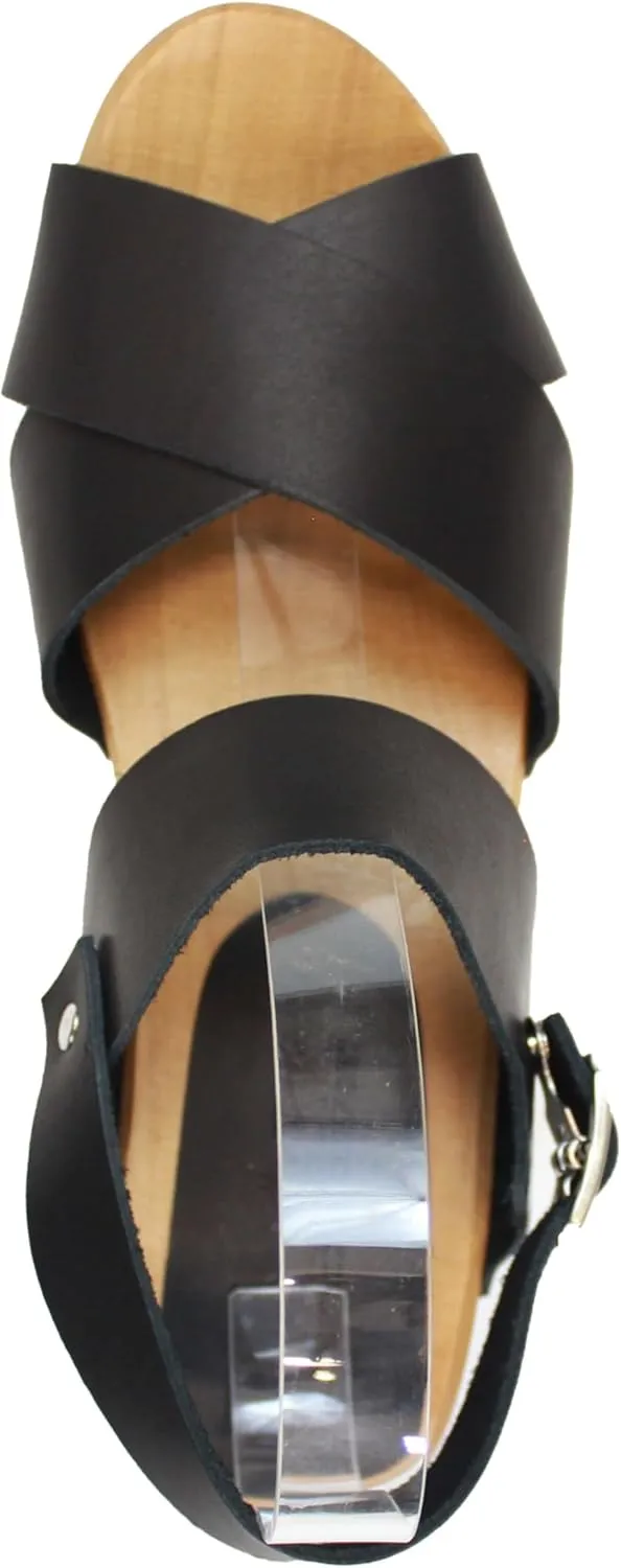 Bjork Women's Mid-Heel Wooden Leather Clog Sandals