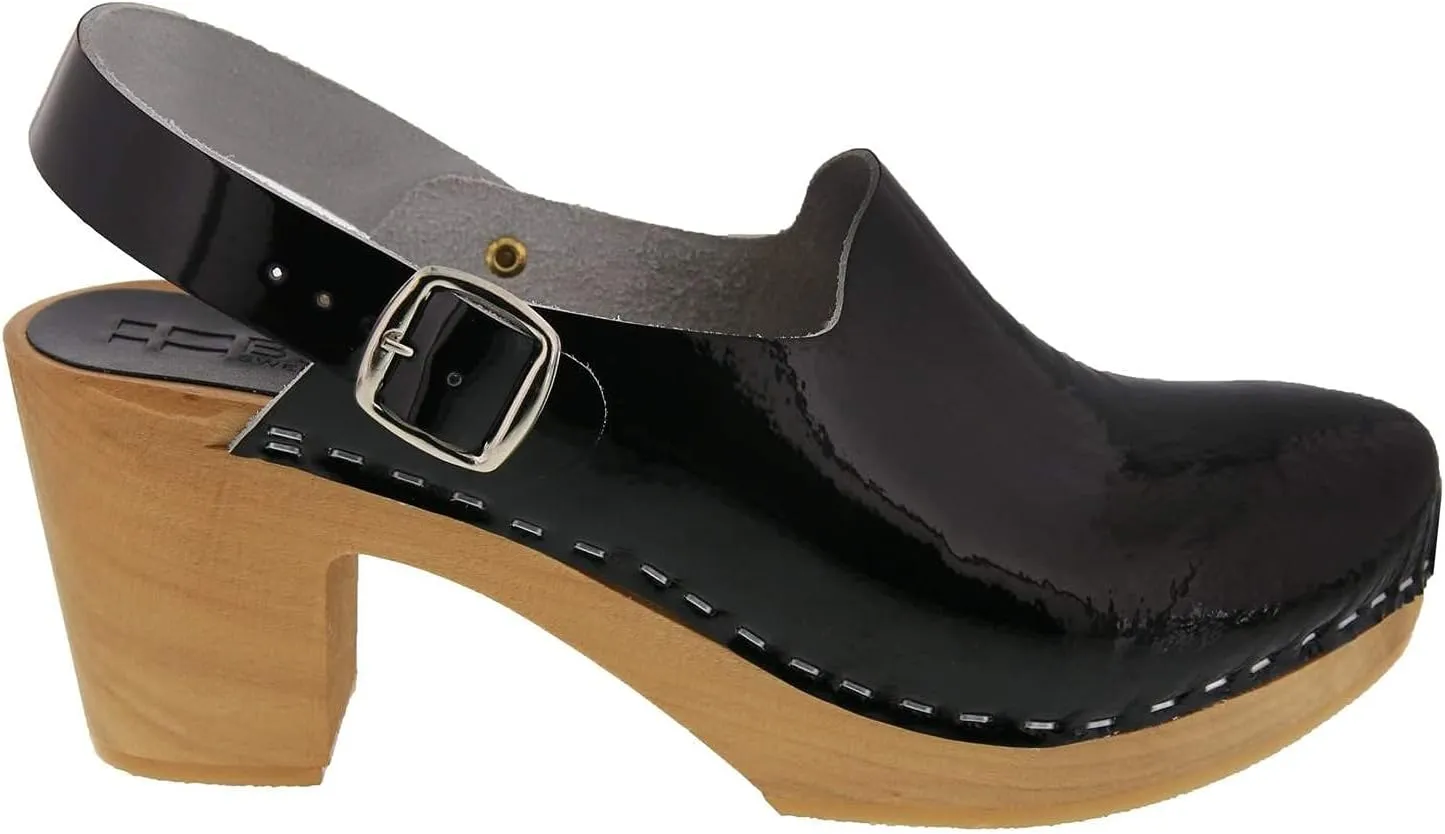 Bjork Women's Mid-Heel Wooden Leather Clog Sandals