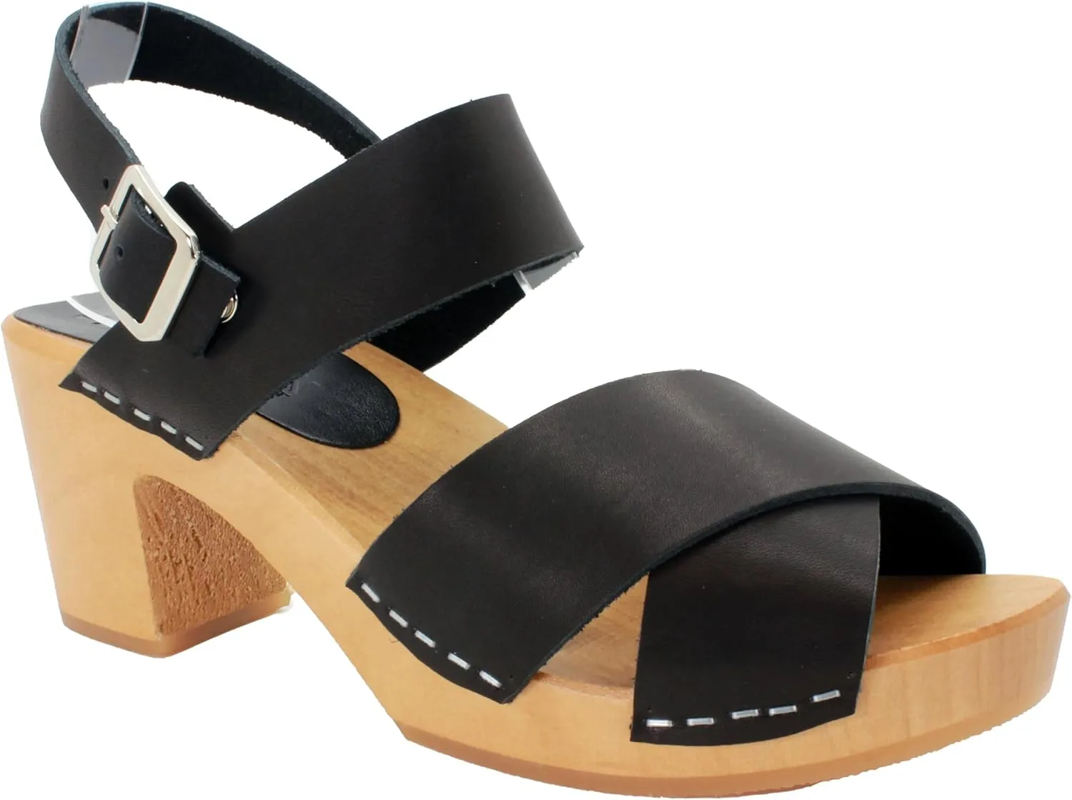 Bjork Women's Mid-Heel Wooden Leather Clog Sandals