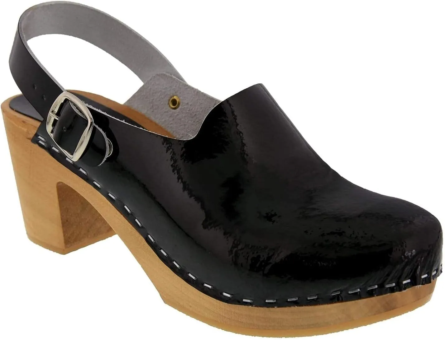 Bjork Women's Mid-Heel Wooden Leather Clog Sandals