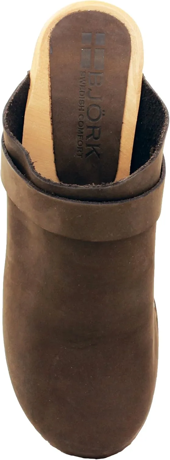 Bjork Women's Mid-Heel Wooden Leather Clog Sandals