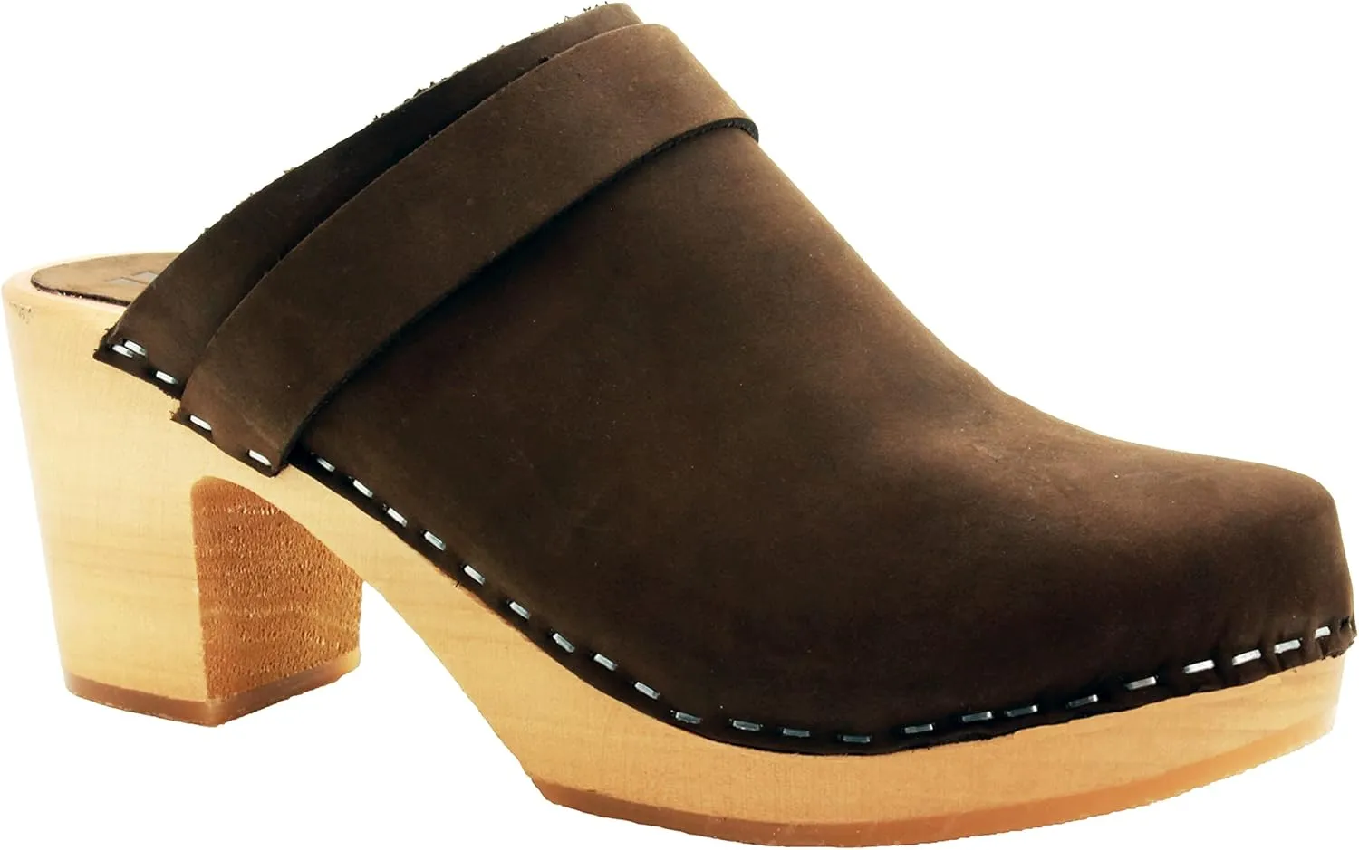 Bjork Women's Mid-Heel Wooden Leather Clog Sandals