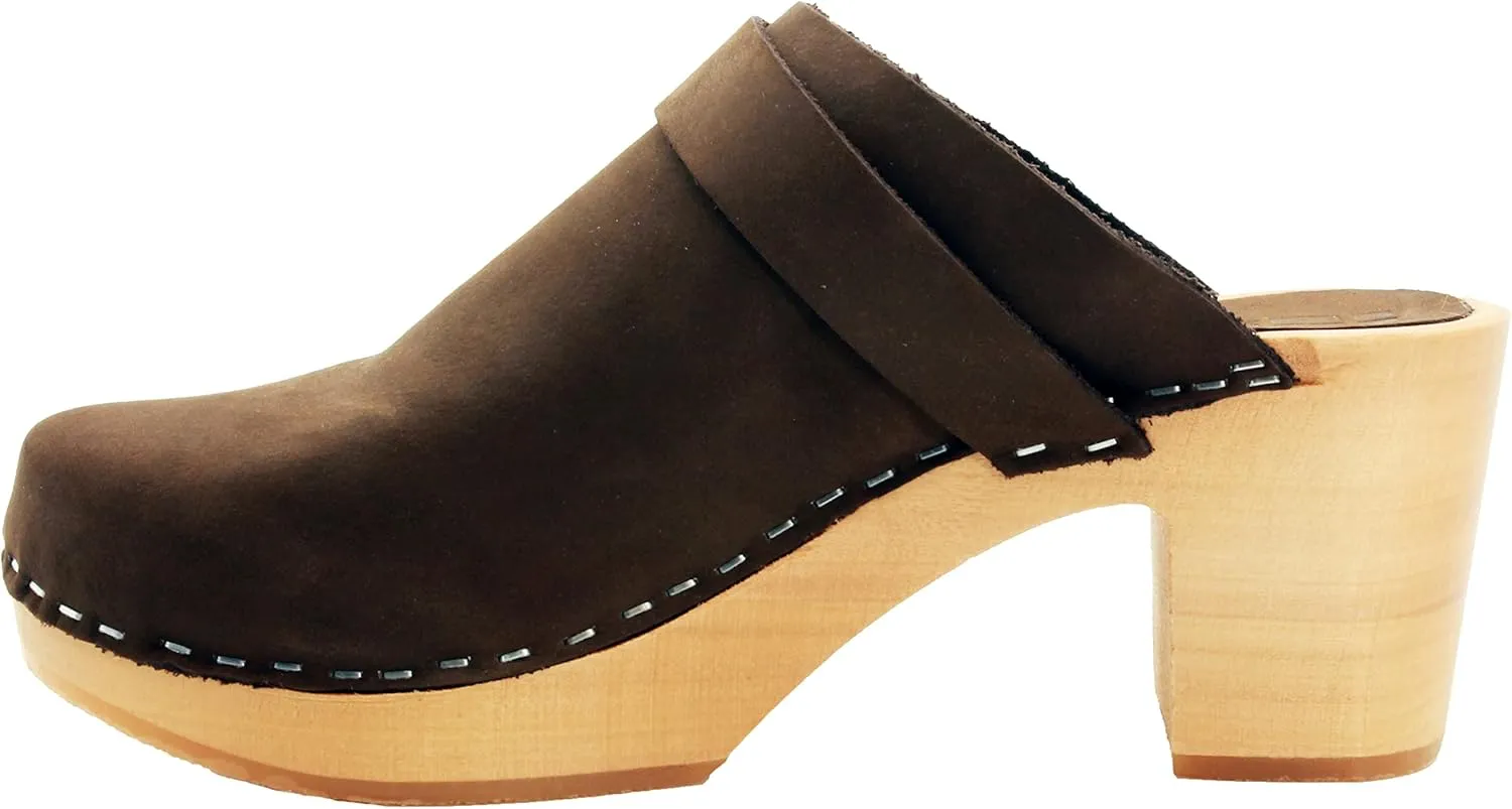 Bjork Women's Mid-Heel Wooden Leather Clog Sandals