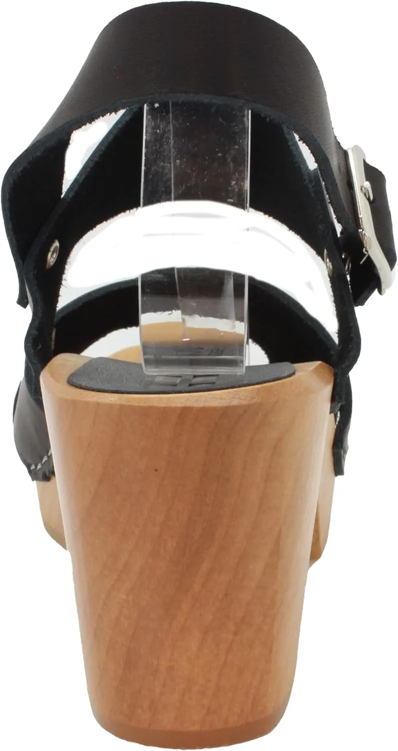 Bjork Women's Mid-Heel Wooden Leather Clog Sandals