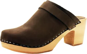 Bjork Women's Mid-Heel Wooden Leather Clog Sandals