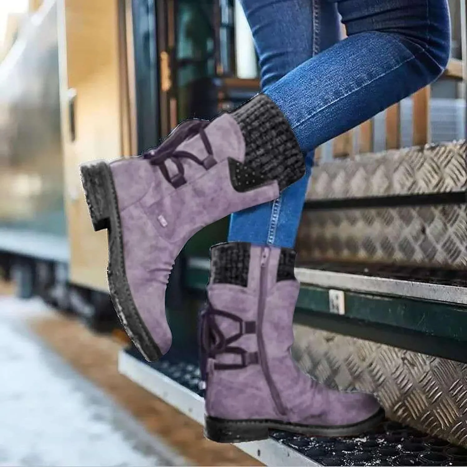 Boots for Women Trendy Winter Mid Calf Side Zip Low Heel Western Platform Hiking Booties Warm Non Slip Outdoor Shoes