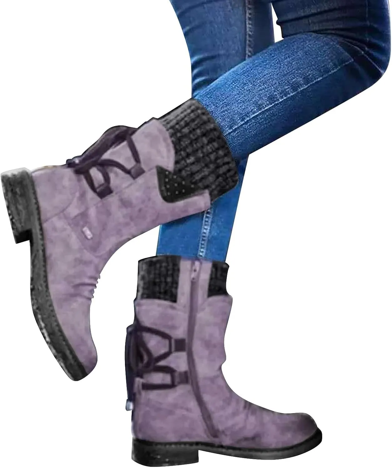 Boots for Women Trendy Winter Mid Calf Side Zip Low Heel Western Platform Hiking Booties Warm Non Slip Outdoor Shoes