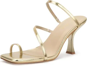 Carcuume Women's Square Toe Heeled Sandals Strappy Kitten Heels