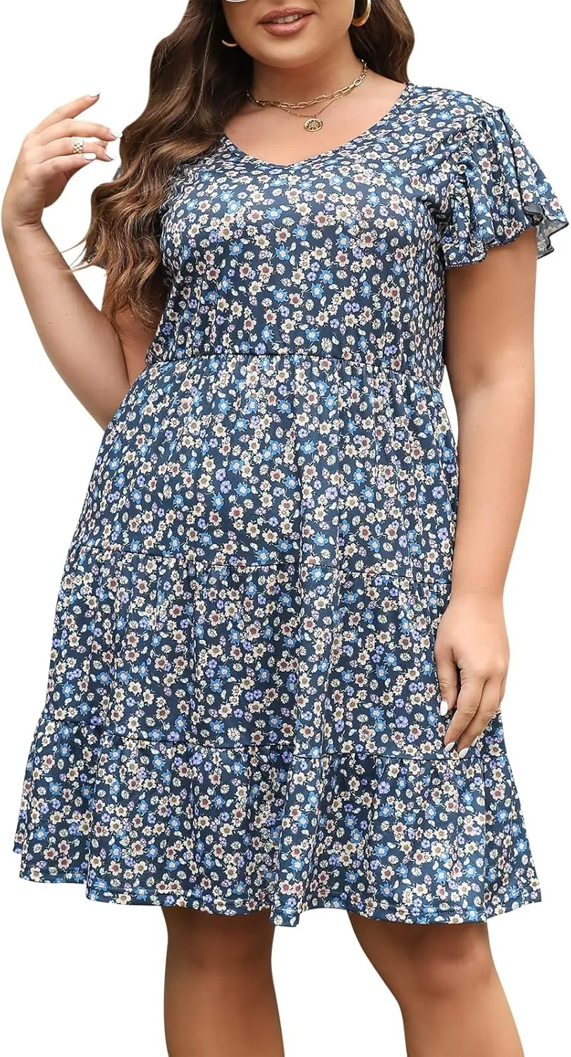 Celkuser Plus Size Casual Summer Dresses Curvy Womens Elastic Waist Tiered A Line Ruffle Hem Dress with Pockets