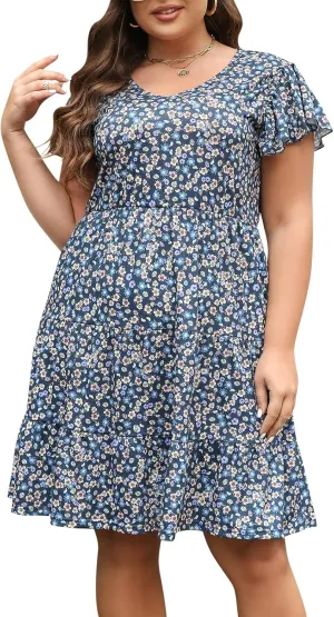 Celkuser Plus Size Casual Summer Dresses Curvy Womens Elastic Waist Tiered A Line Ruffle Hem Dress with Pockets