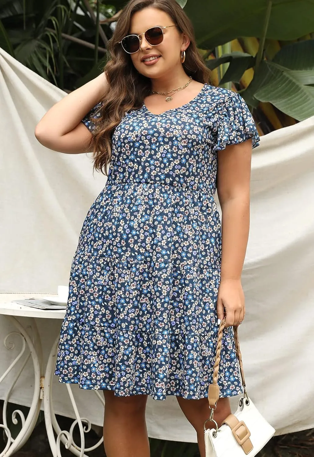 Celkuser Plus Size Casual Summer Dresses Curvy Womens Elastic Waist Tiered A Line Ruffle Hem Dress with Pockets