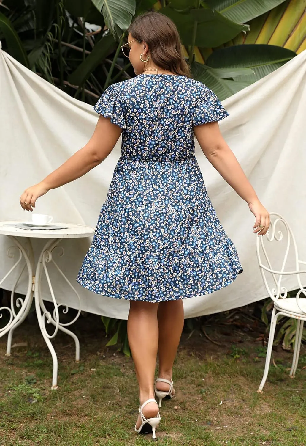 Celkuser Plus Size Casual Summer Dresses Curvy Womens Elastic Waist Tiered A Line Ruffle Hem Dress with Pockets