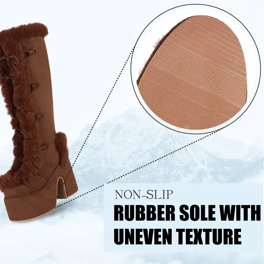 CELNEPHO Knee High Boots For Womens Side Zipper Warm Faux Fur Platform Chunky Heel Punk Goth Walking Winter Snow Boots