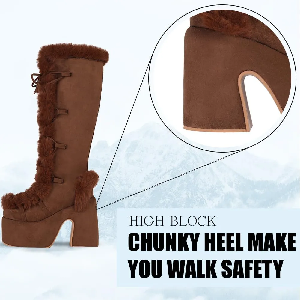 CELNEPHO Knee High Boots For Womens Side Zipper Warm Faux Fur Platform Chunky Heel Punk Goth Walking Winter Snow Boots