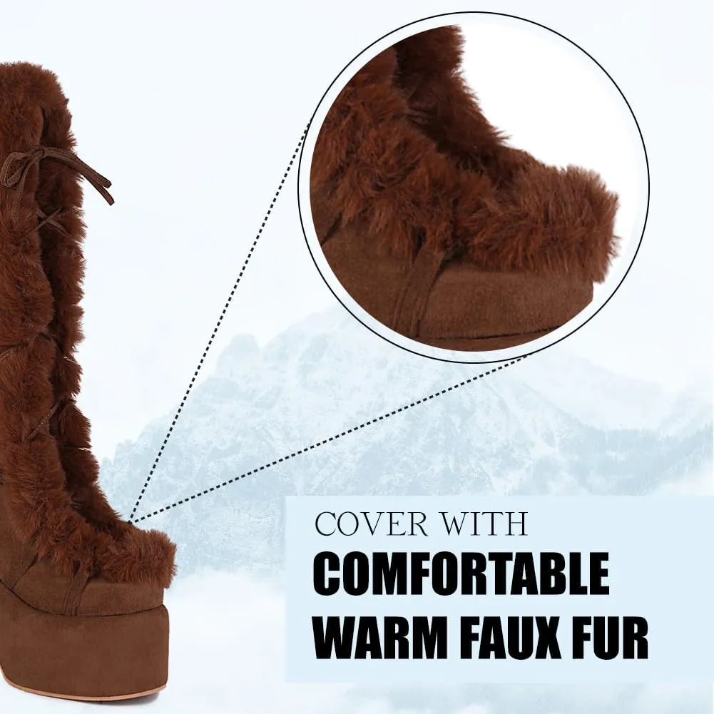 CELNEPHO Knee High Boots For Womens Side Zipper Warm Faux Fur Platform Chunky Heel Punk Goth Walking Winter Snow Boots