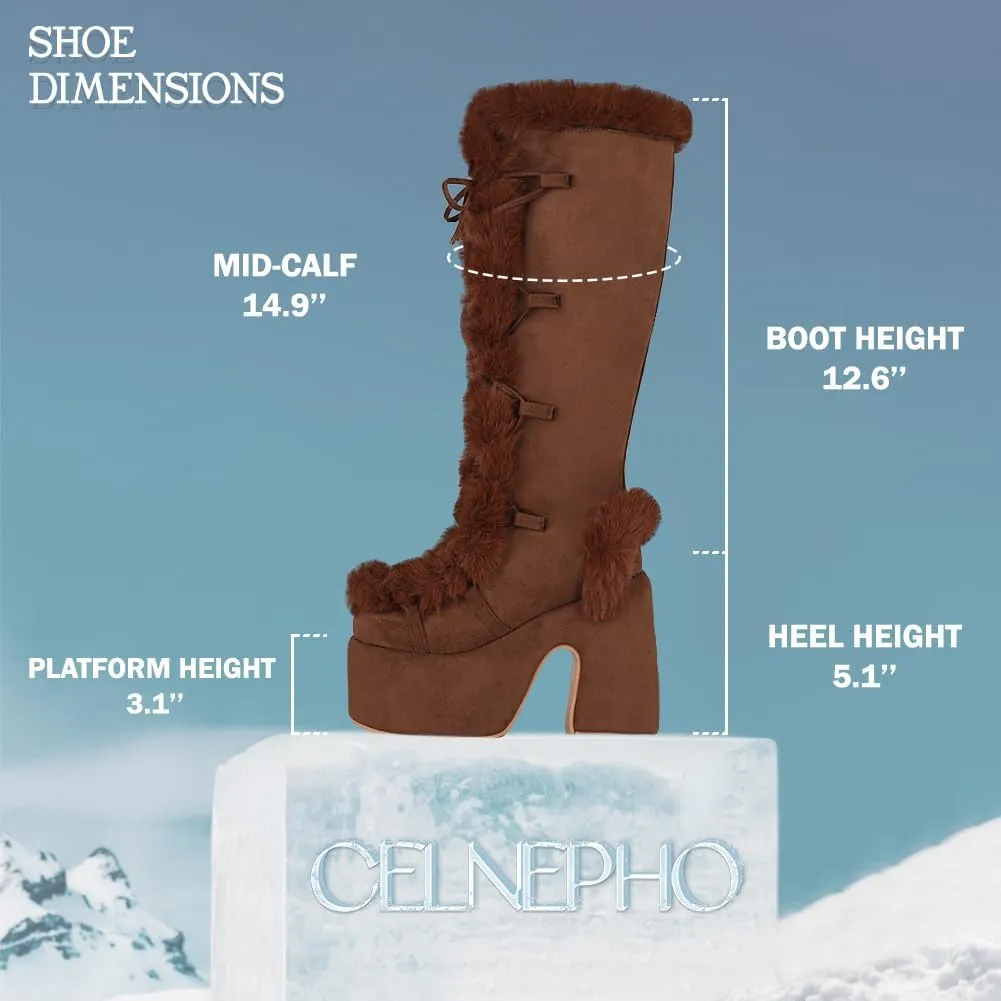 CELNEPHO Knee High Boots For Womens Side Zipper Warm Faux Fur Platform Chunky Heel Punk Goth Walking Winter Snow Boots