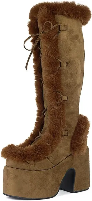 CELNEPHO Knee High Boots For Womens Side Zipper Warm Faux Fur Platform Chunky Heel Punk Goth Walking Winter Snow Boots