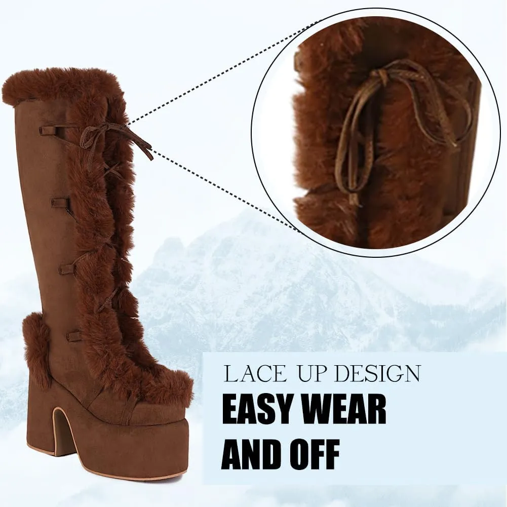 CELNEPHO Knee High Boots For Womens Side Zipper Warm Faux Fur Platform Chunky Heel Punk Goth Walking Winter Snow Boots