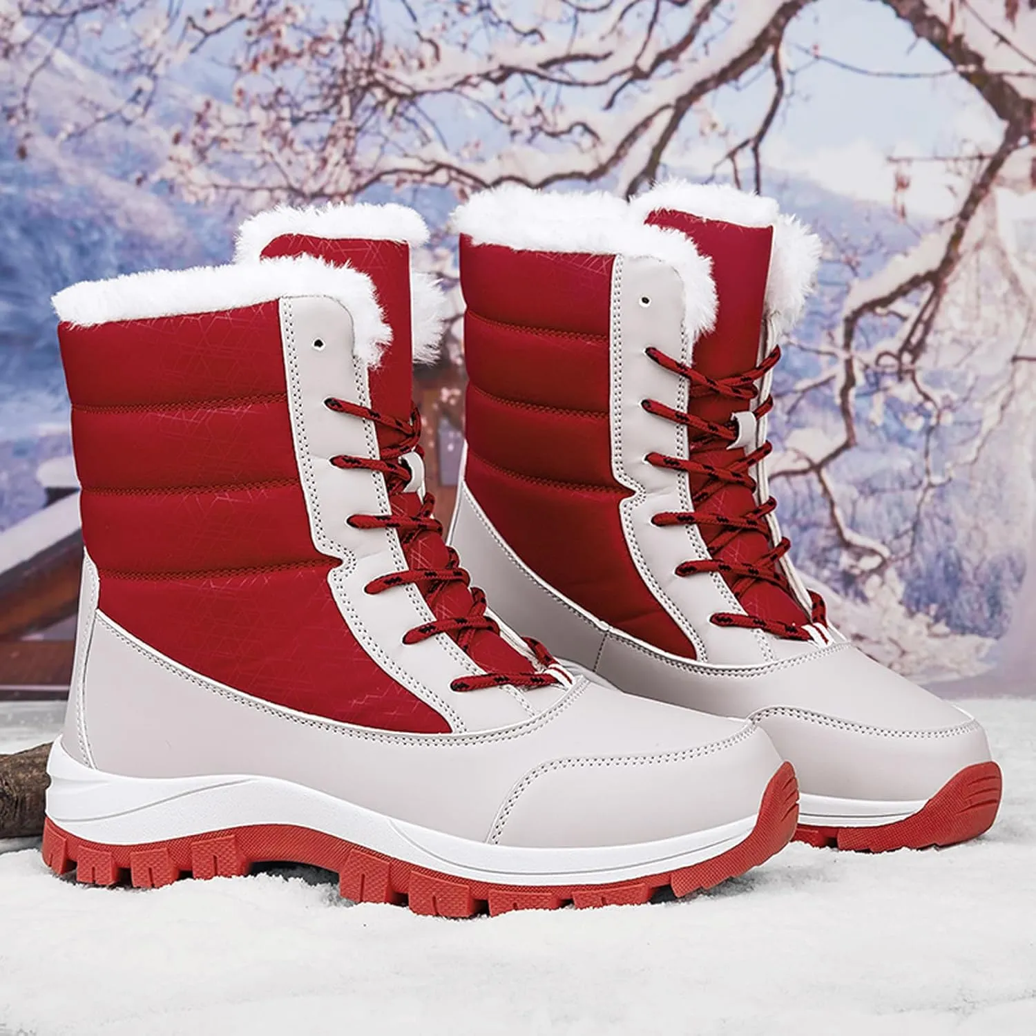 CERYTHRINA Womens Waterproof Booties Lightweight Winter Fur Lined Walking Boots Anti-Slip Outdoor Snow Boots