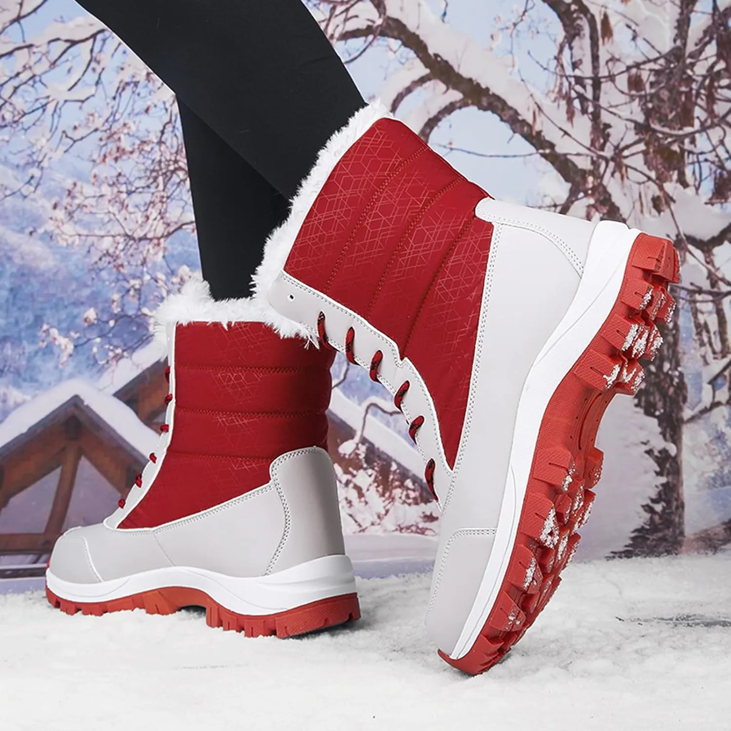CERYTHRINA Womens Waterproof Booties Lightweight Winter Fur Lined Walking Boots Anti-Slip Outdoor Snow Boots