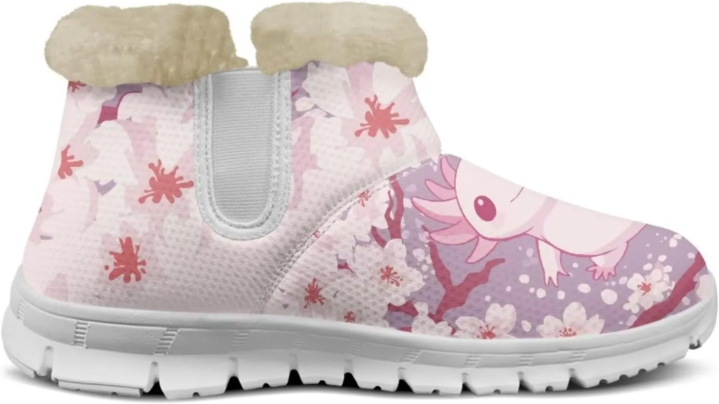 chaqlin Cherry Blossom Snow Boots Winter Ankle Boots for Women Flat Heels Resistant Slip Lightweight Flannel Plush Boots Casual Outdoor Backpacking