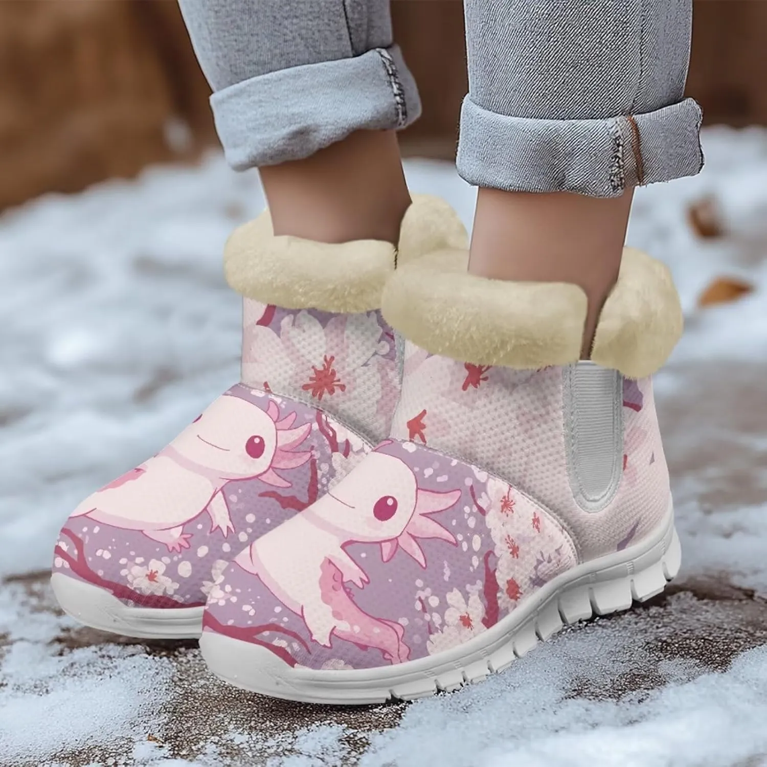 chaqlin Cherry Blossom Snow Boots Winter Ankle Boots for Women Flat Heels Resistant Slip Lightweight Flannel Plush Boots Casual Outdoor Backpacking
