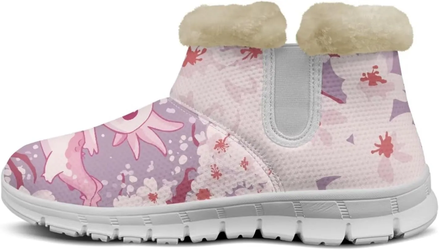 chaqlin Cherry Blossom Snow Boots Winter Ankle Boots for Women Flat Heels Resistant Slip Lightweight Flannel Plush Boots Casual Outdoor Backpacking