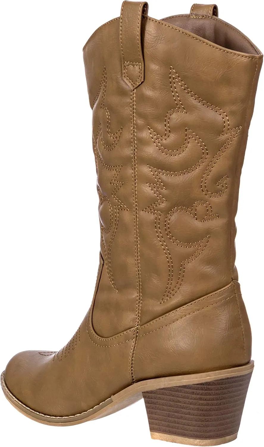 Charles Albert Cowboy Boots for Women Mid-Calf Boot Embroidered Stiching Western Cowgirl Boots Low Stacked Heel