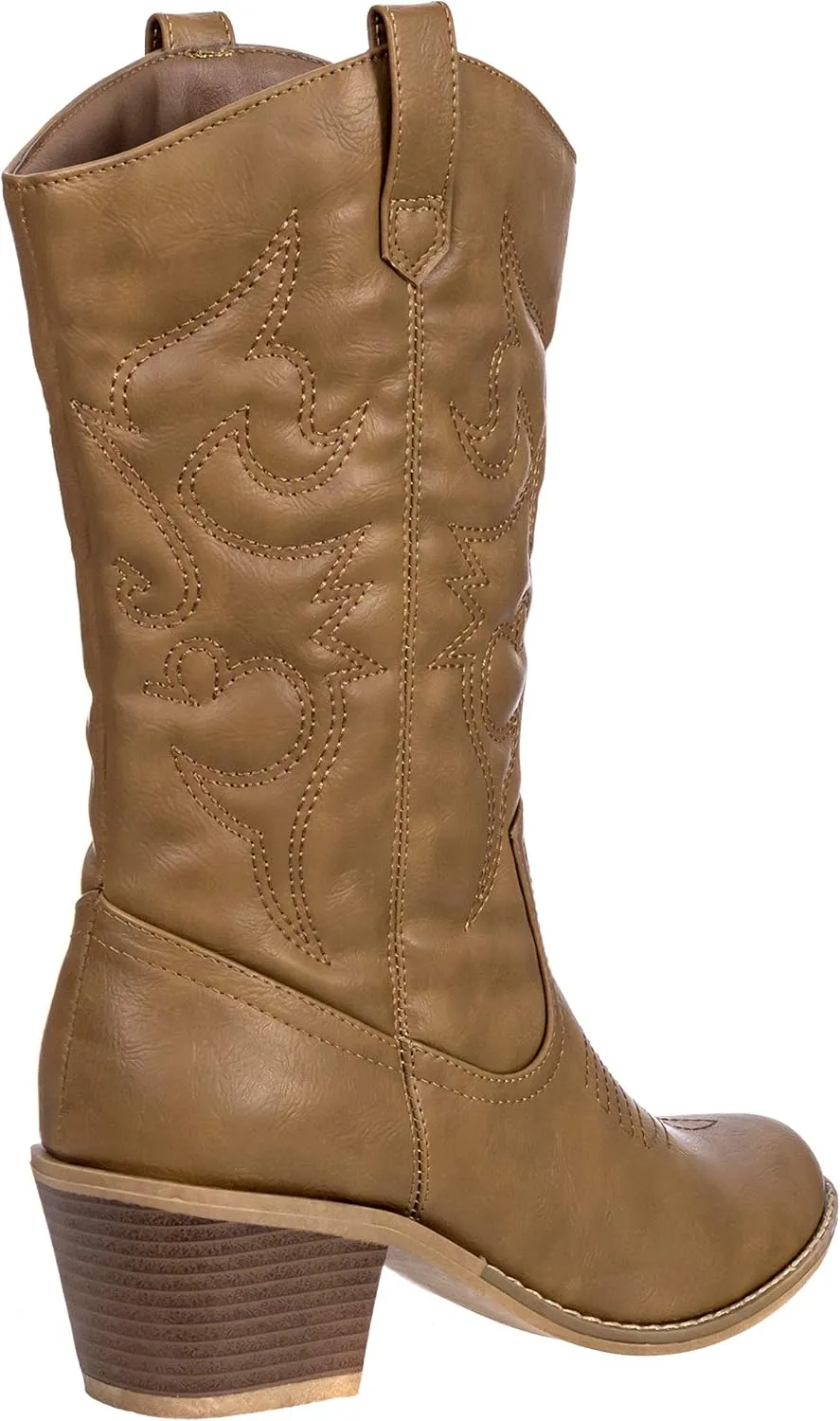 Charles Albert Cowboy Boots for Women Mid-Calf Boot Embroidered Stiching Western Cowgirl Boots Low Stacked Heel