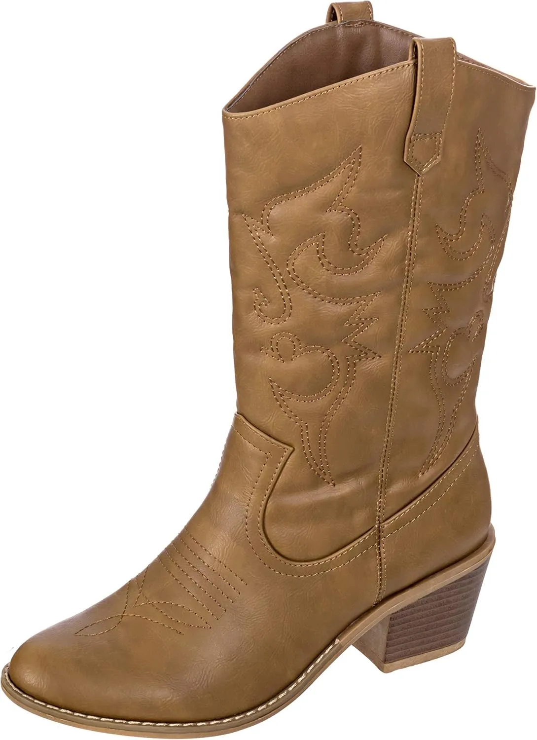 Charles Albert Cowboy Boots for Women Mid-Calf Boot Embroidered Stiching Western Cowgirl Boots Low Stacked Heel