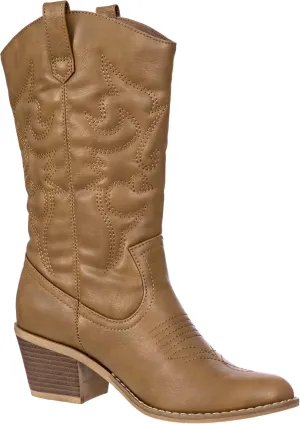 Charles Albert Cowboy Boots for Women Mid-Calf Boot Embroidered Stiching Western Cowgirl Boots Low Stacked Heel