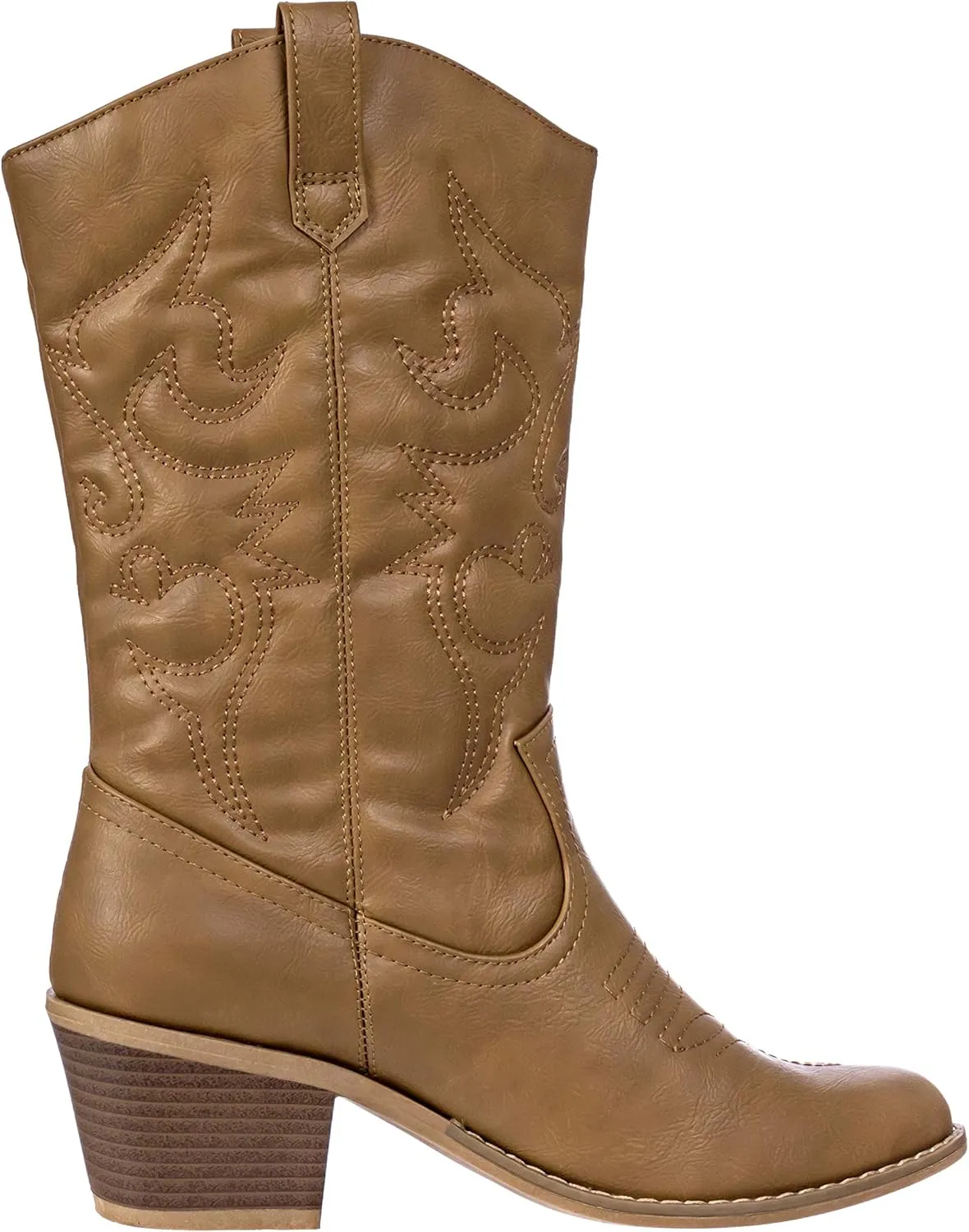 Charles Albert Cowboy Boots for Women Mid-Calf Boot Embroidered Stiching Western Cowgirl Boots Low Stacked Heel