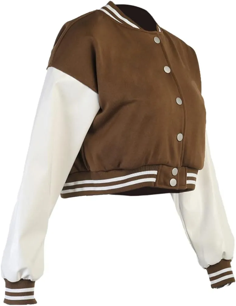 Chatinction Women's Casual Varsity Baseball Jacket Faux Leather Long Sleeve Button Colorblock Crop Bomber Jackets Coat
