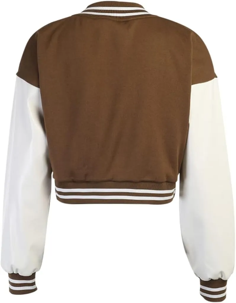 Chatinction Women's Casual Varsity Baseball Jacket Faux Leather Long Sleeve Button Colorblock Crop Bomber Jackets Coat
