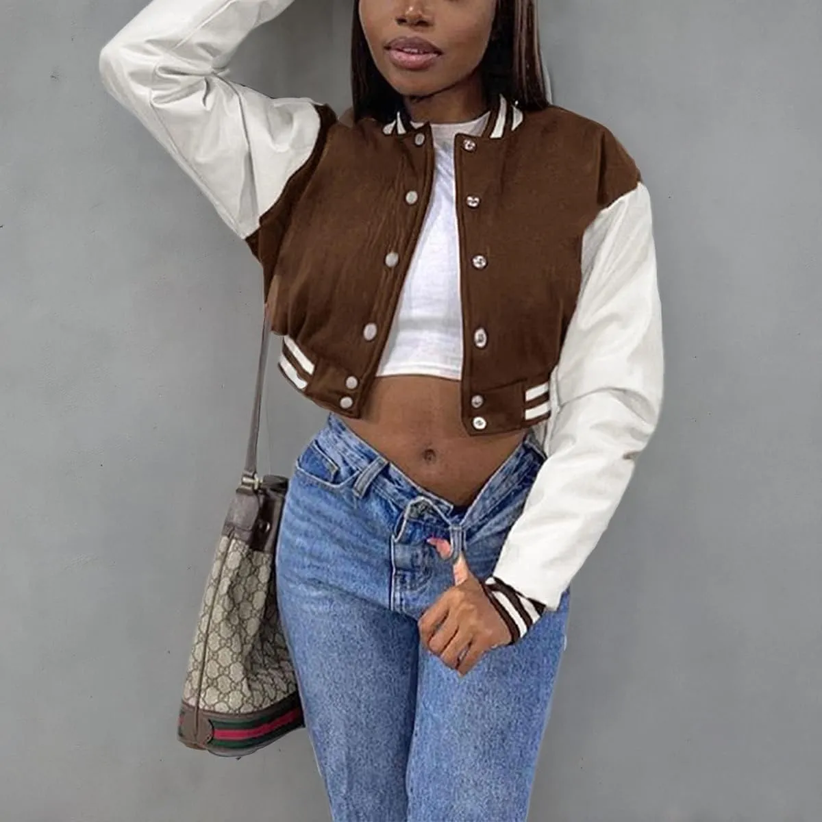 Chatinction Women's Casual Varsity Baseball Jacket Faux Leather Long Sleeve Button Colorblock Crop Bomber Jackets Coat