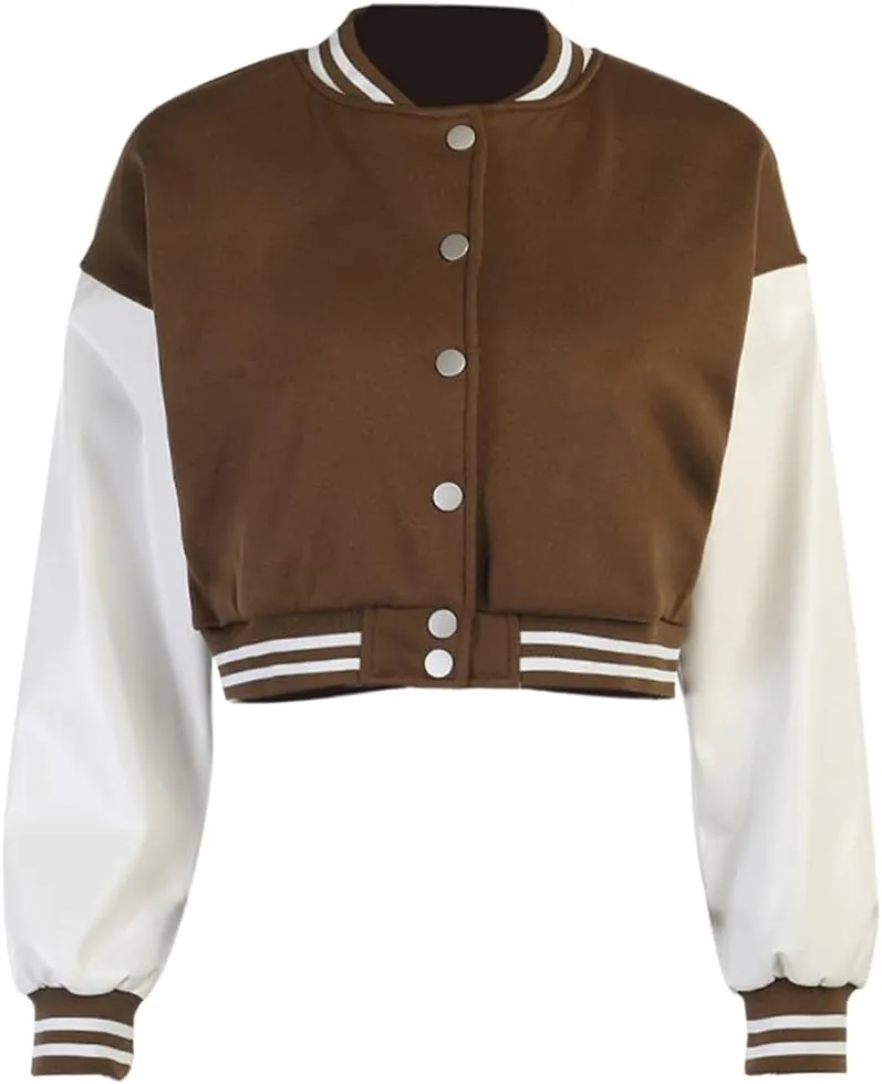 Chatinction Women's Casual Varsity Baseball Jacket Faux Leather Long Sleeve Button Colorblock Crop Bomber Jackets Coat