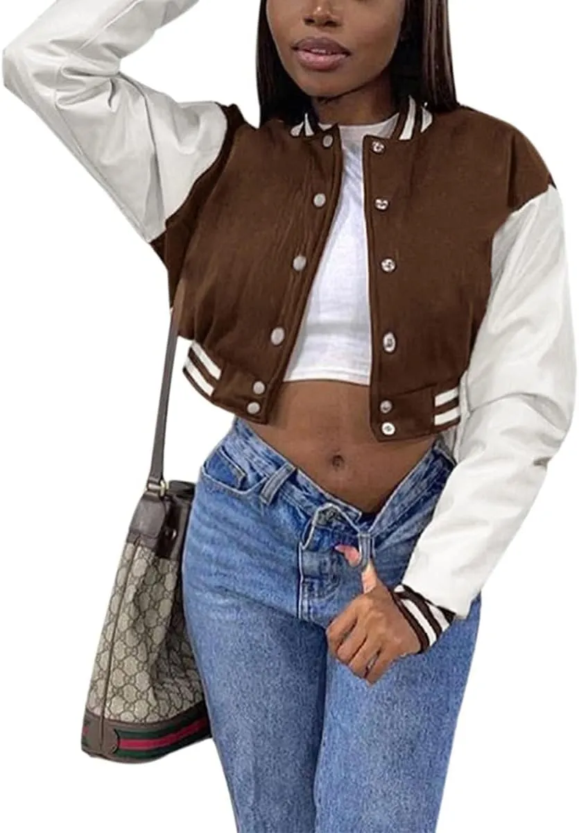 Chatinction Women's Casual Varsity Baseball Jacket Faux Leather Long Sleeve Button Colorblock Crop Bomber Jackets Coat