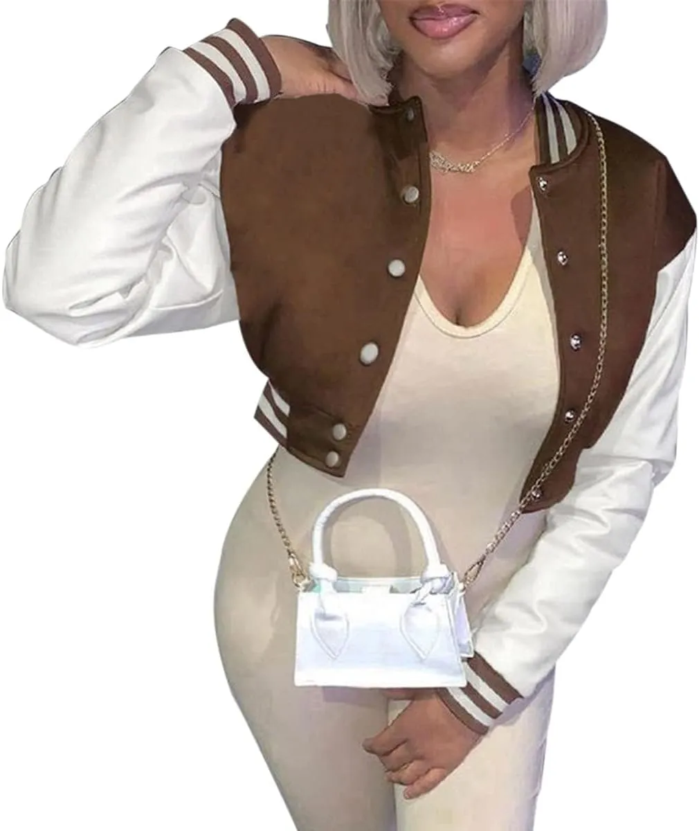 Chatinction Women's Casual Varsity Baseball Jacket Faux Leather Long Sleeve Button Colorblock Crop Bomber Jackets Coat