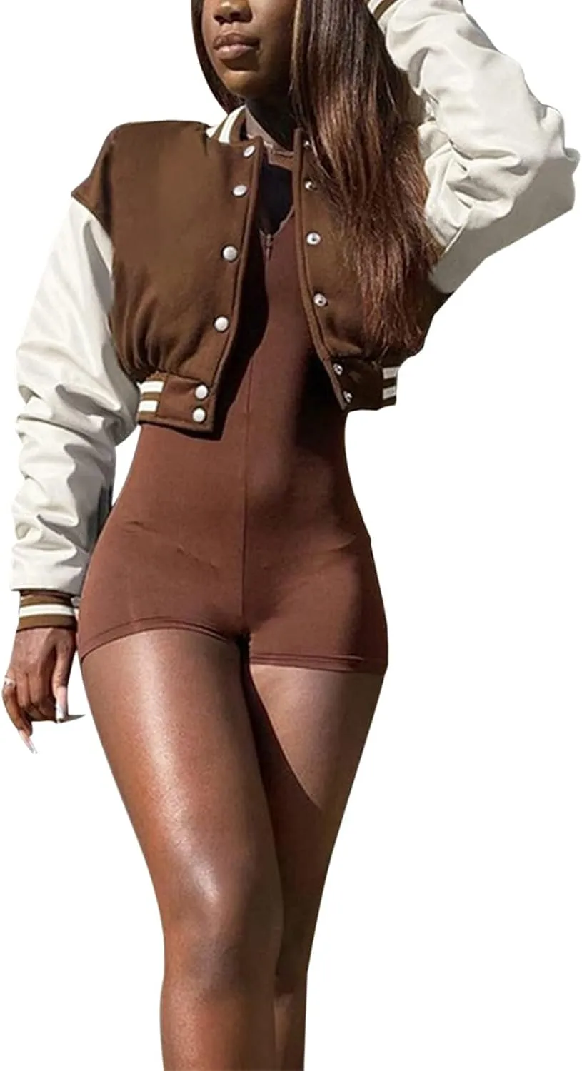Chatinction Women's Casual Varsity Baseball Jacket Faux Leather Long Sleeve Button Colorblock Crop Bomber Jackets Coat