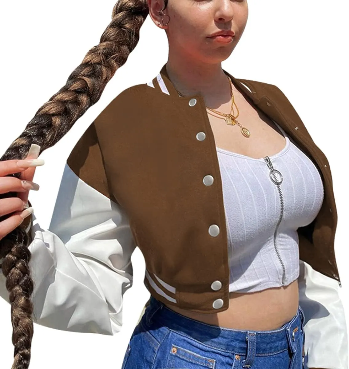 Chatinction Women's Casual Varsity Baseball Jacket Faux Leather Long Sleeve Button Colorblock Crop Bomber Jackets Coat