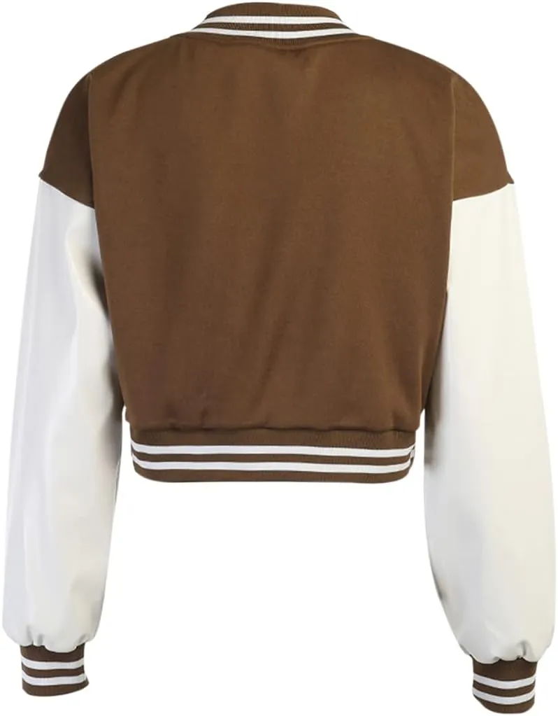 Chatinction Women's Casual Varsity Baseball Jacket Faux Leather Long Sleeve Button Colorblock Crop Bomber Jackets Coat