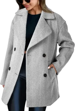 Cicy Bell Womens Oversized Herringbone Pea Coats Double Breasted Mid Length Wool Blend Trench Coat Blazer Jackets