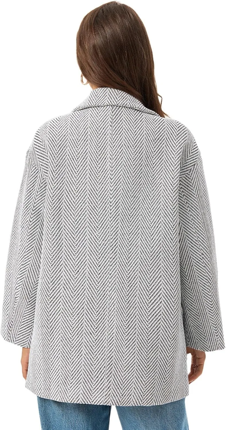 Cicy Bell Womens Oversized Herringbone Pea Coats Double Breasted Mid Length Wool Blend Trench Coat Blazer Jackets