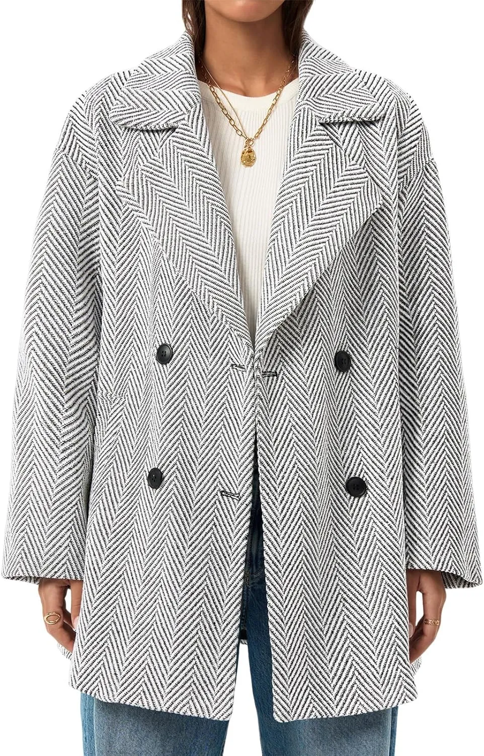 Cicy Bell Womens Oversized Herringbone Pea Coats Double Breasted Mid Length Wool Blend Trench Coat Blazer Jackets